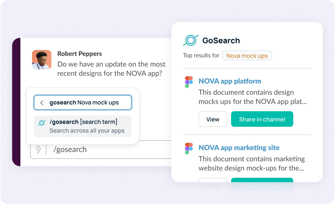 Search and share documents in your team’s favorite communication channel.
